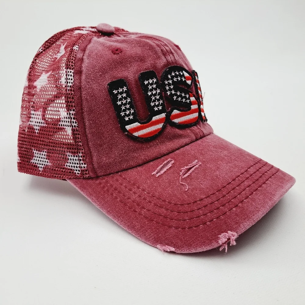 Patriotic USA Embroidered Patch Ponytail Hat Cap Mesh Net Stars Red Relaxed Cot
